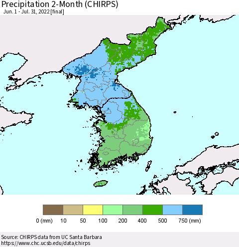 Korea Precipitation 2-Month (CHIRPS) Thematic Map For 6/1/2022 - 7/31/2022