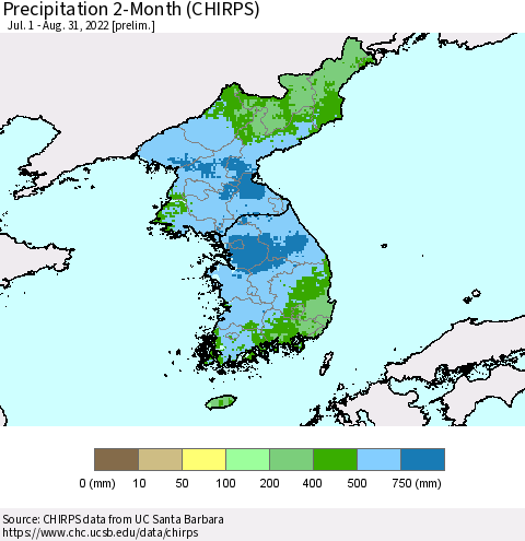 Korea Precipitation 2-Month (CHIRPS) Thematic Map For 7/1/2022 - 8/31/2022