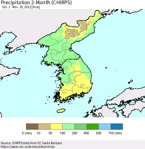 Korea Precipitation 2-Month (CHIRPS) Thematic Map For 10/1/2022 - 11/30/2022