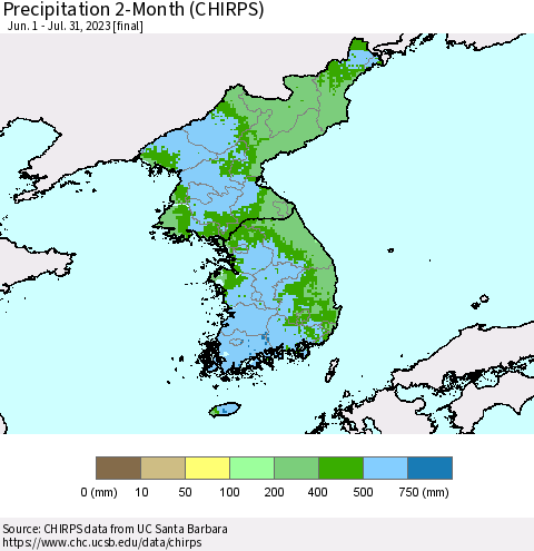 Korea Precipitation 2-Month (CHIRPS) Thematic Map For 6/1/2023 - 7/31/2023