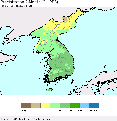Korea Precipitation 2-Month (CHIRPS) Thematic Map For 9/1/2023 - 10/31/2023