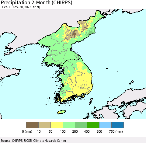 Korea Precipitation 2-Month (CHIRPS) Thematic Map For 10/1/2023 - 11/30/2023