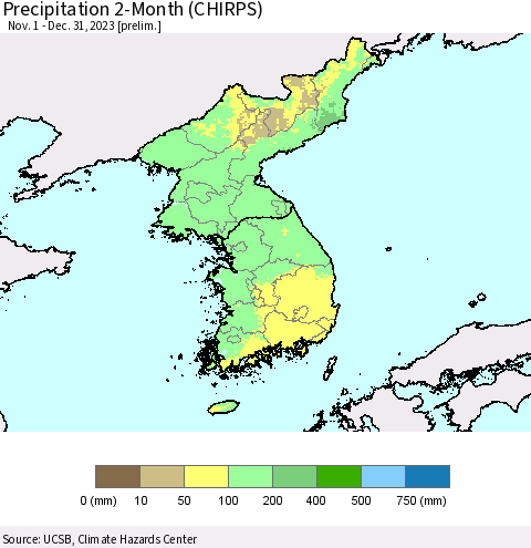 Korea Precipitation 2-Month (CHIRPS) Thematic Map For 11/1/2023 - 12/31/2023