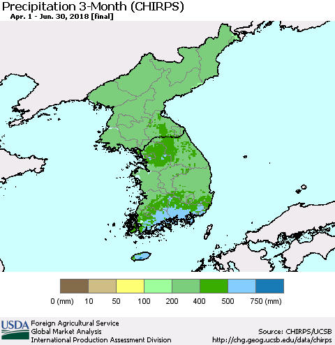 Korea Precipitation 3-Month (CHIRPS) Thematic Map For 4/1/2018 - 6/30/2018