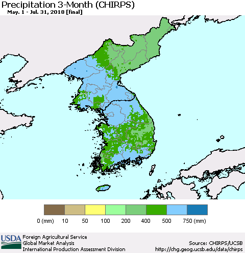 Korea Precipitation 3-Month (CHIRPS) Thematic Map For 5/1/2018 - 7/31/2018