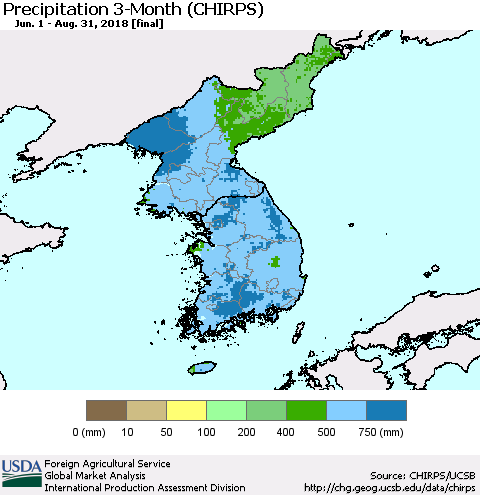 Korea Precipitation 3-Month (CHIRPS) Thematic Map For 6/1/2018 - 8/31/2018