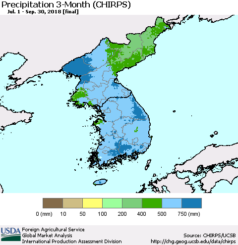 Korea Precipitation 3-Month (CHIRPS) Thematic Map For 7/1/2018 - 9/30/2018