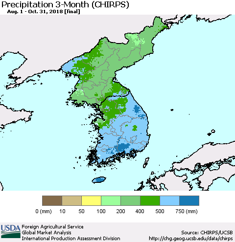 Korea Precipitation 3-Month (CHIRPS) Thematic Map For 8/1/2018 - 10/31/2018