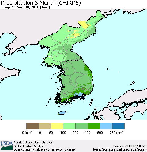 Korea Precipitation 3-Month (CHIRPS) Thematic Map For 9/1/2018 - 11/30/2018