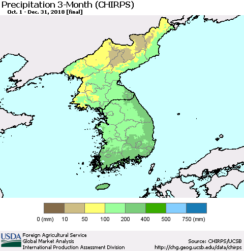 Korea Precipitation 3-Month (CHIRPS) Thematic Map For 10/1/2018 - 12/31/2018