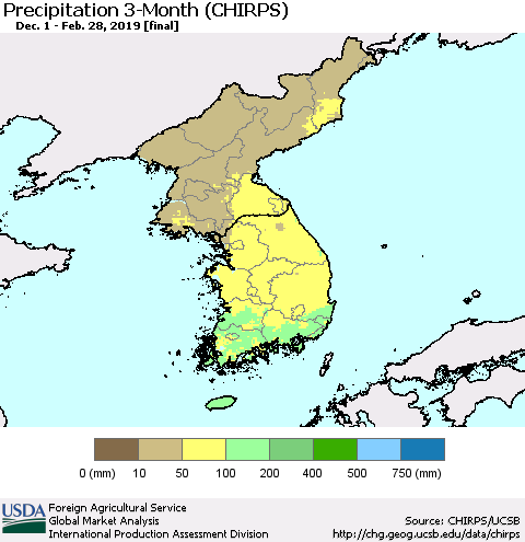 Korea Precipitation 3-Month (CHIRPS) Thematic Map For 12/1/2018 - 2/28/2019