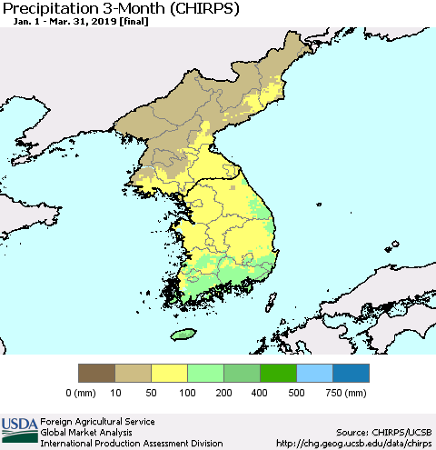 Korea Precipitation 3-Month (CHIRPS) Thematic Map For 1/1/2019 - 3/31/2019
