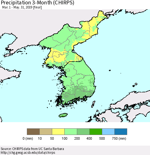 Korea Precipitation 3-Month (CHIRPS) Thematic Map For 3/1/2019 - 5/31/2019