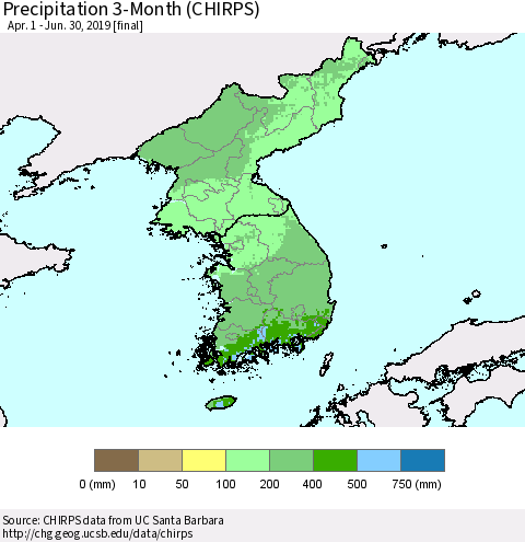 Korea Precipitation 3-Month (CHIRPS) Thematic Map For 4/1/2019 - 6/30/2019