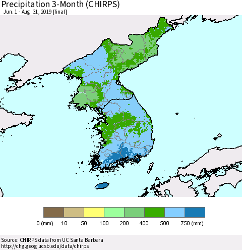 Korea Precipitation 3-Month (CHIRPS) Thematic Map For 6/1/2019 - 8/31/2019