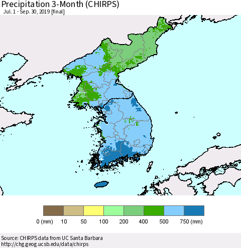 Korea Precipitation 3-Month (CHIRPS) Thematic Map For 7/1/2019 - 9/30/2019