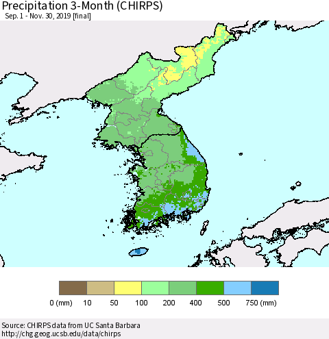 Korea Precipitation 3-Month (CHIRPS) Thematic Map For 9/1/2019 - 11/30/2019