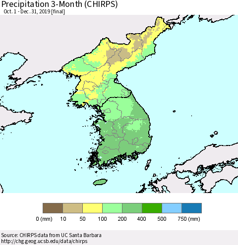 Korea Precipitation 3-Month (CHIRPS) Thematic Map For 10/1/2019 - 12/31/2019