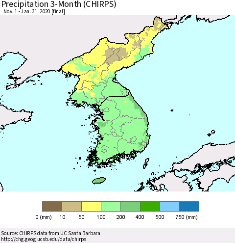 Korea Precipitation 3-Month (CHIRPS) Thematic Map For 11/1/2019 - 1/31/2020
