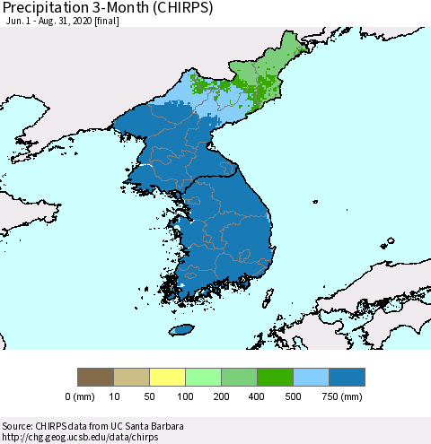 Korea Precipitation 3-Month (CHIRPS) Thematic Map For 6/1/2020 - 8/31/2020