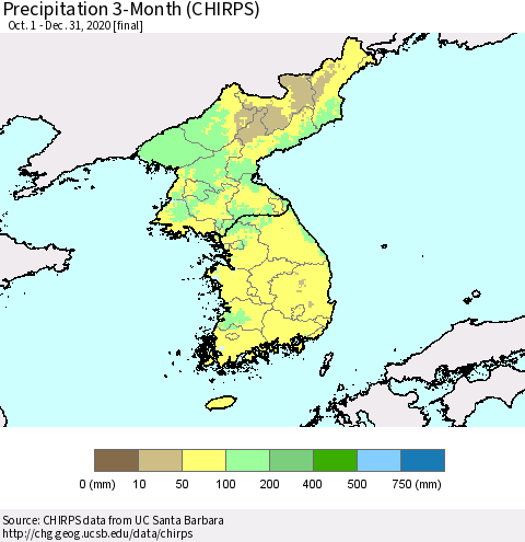 Korea Precipitation 3-Month (CHIRPS) Thematic Map For 10/1/2020 - 12/31/2020