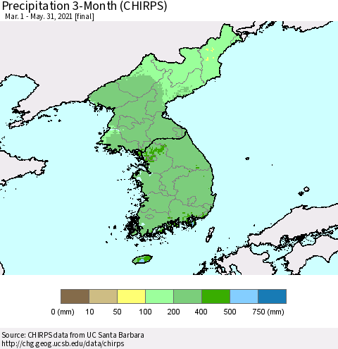 Korea Precipitation 3-Month (CHIRPS) Thematic Map For 3/1/2021 - 5/31/2021