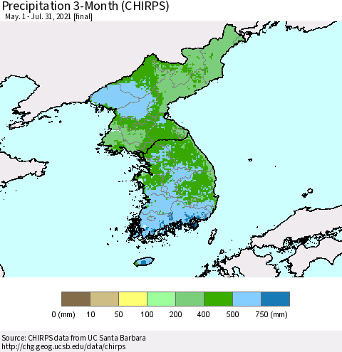 Korea Precipitation 3-Month (CHIRPS) Thematic Map For 5/1/2021 - 7/31/2021
