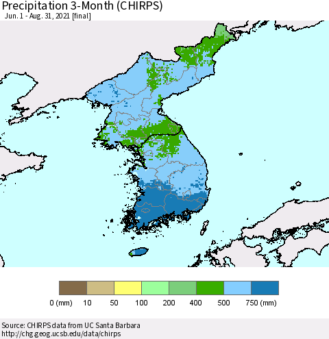 Korea Precipitation 3-Month (CHIRPS) Thematic Map For 6/1/2021 - 8/31/2021