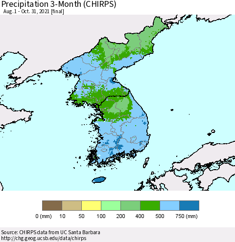 Korea Precipitation 3-Month (CHIRPS) Thematic Map For 8/1/2021 - 10/31/2021