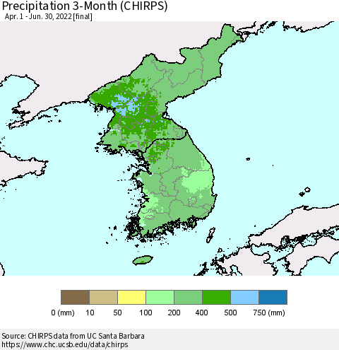 Korea Precipitation 3-Month (CHIRPS) Thematic Map For 4/1/2022 - 6/30/2022