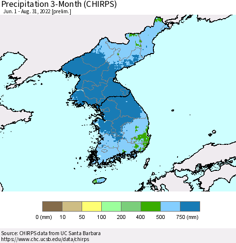 Korea Precipitation 3-Month (CHIRPS) Thematic Map For 6/1/2022 - 8/31/2022