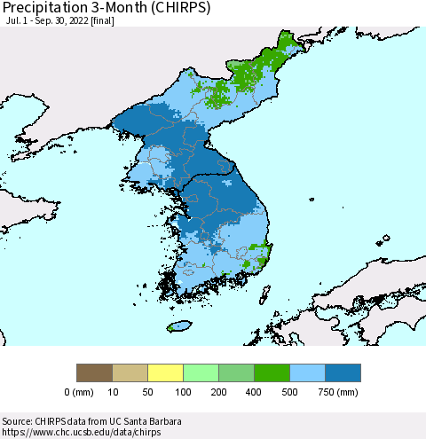 Korea Precipitation 3-Month (CHIRPS) Thematic Map For 7/1/2022 - 9/30/2022