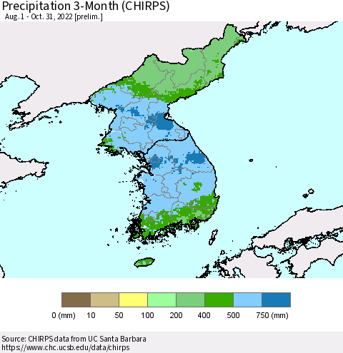Korea Precipitation 3-Month (CHIRPS) Thematic Map For 8/1/2022 - 10/31/2022