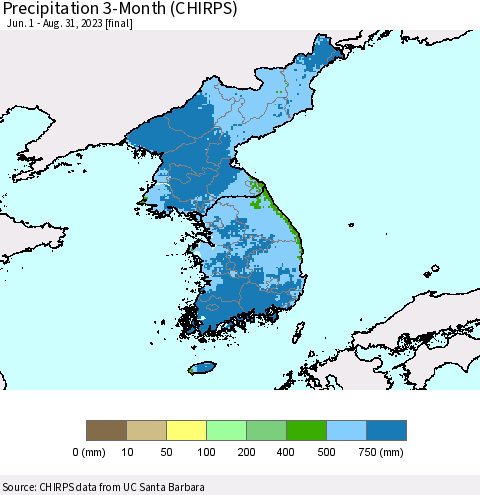 Korea Precipitation 3-Month (CHIRPS) Thematic Map For 6/1/2023 - 8/31/2023