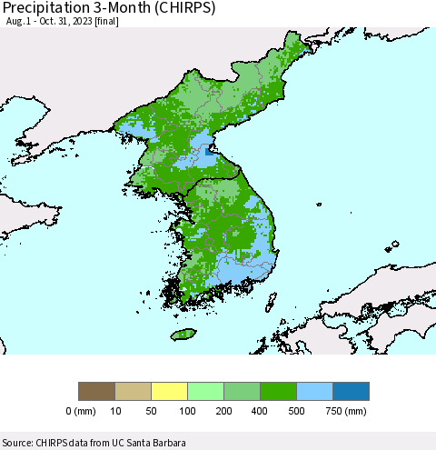 Korea Precipitation 3-Month (CHIRPS) Thematic Map For 8/1/2023 - 10/31/2023