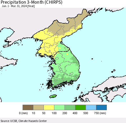 Korea Precipitation 3-Month (CHIRPS) Thematic Map For 1/1/2024 - 3/31/2024