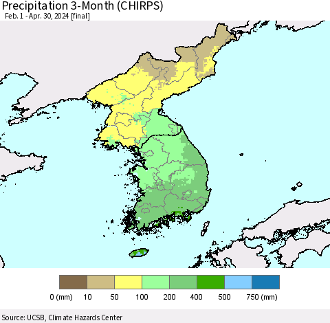 Korea Precipitation 3-Month (CHIRPS) Thematic Map For 2/1/2024 - 4/30/2024