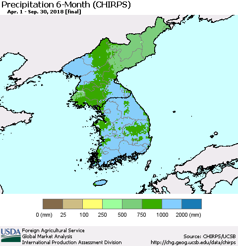 Korea Precipitation 6-Month (CHIRPS) Thematic Map For 4/1/2018 - 9/30/2018