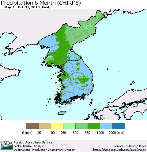 Korea Precipitation 6-Month (CHIRPS) Thematic Map For 5/1/2018 - 10/31/2018