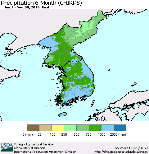 Korea Precipitation 6-Month (CHIRPS) Thematic Map For 6/1/2018 - 11/30/2018
