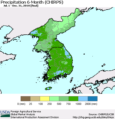 Korea Precipitation 6-Month (CHIRPS) Thematic Map For 7/1/2018 - 12/31/2018