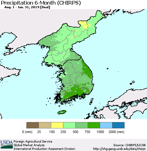 Korea Precipitation 6-Month (CHIRPS) Thematic Map For 8/1/2018 - 1/31/2019
