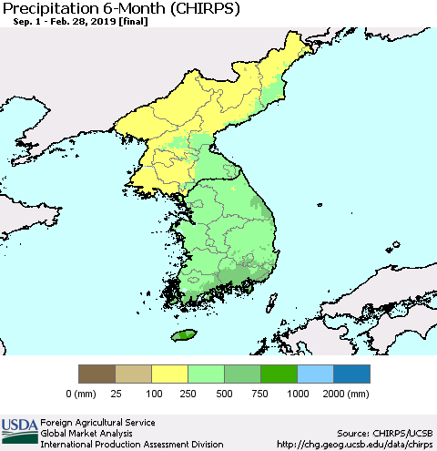 Korea Precipitation 6-Month (CHIRPS) Thematic Map For 9/1/2018 - 2/28/2019