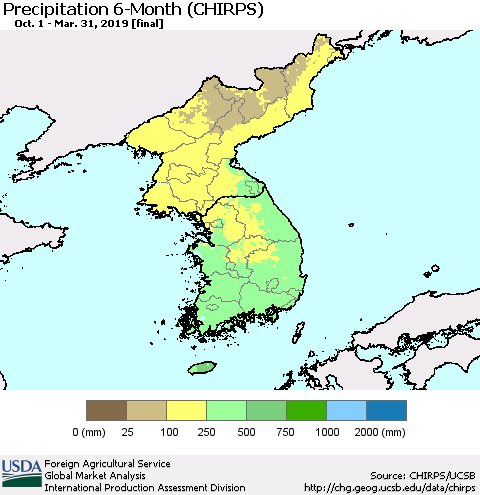 Korea Precipitation 6-Month (CHIRPS) Thematic Map For 10/1/2018 - 3/31/2019