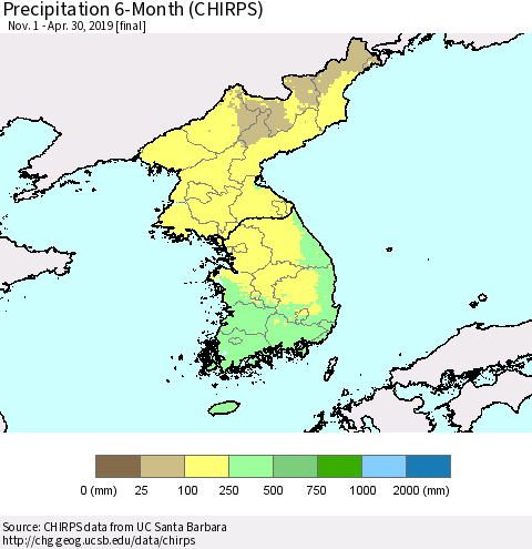 Korea Precipitation 6-Month (CHIRPS) Thematic Map For 11/1/2018 - 4/30/2019