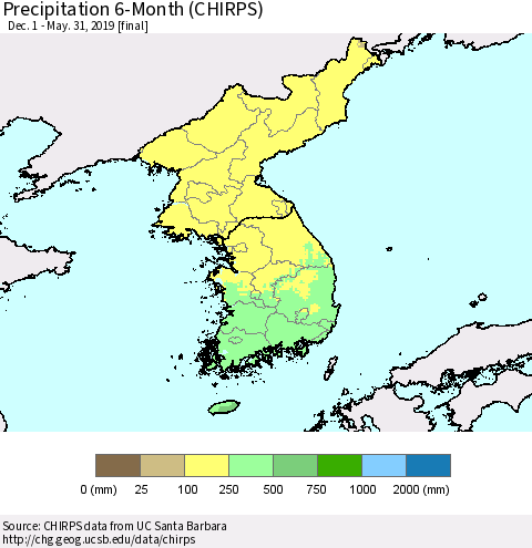 Korea Precipitation 6-Month (CHIRPS) Thematic Map For 12/1/2018 - 5/31/2019
