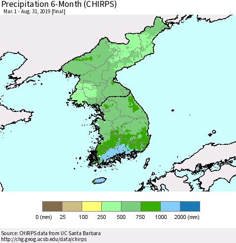 Korea Precipitation 6-Month (CHIRPS) Thematic Map For 3/1/2019 - 8/31/2019