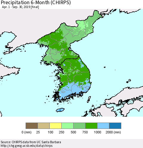 Korea Precipitation 6-Month (CHIRPS) Thematic Map For 4/1/2019 - 9/30/2019