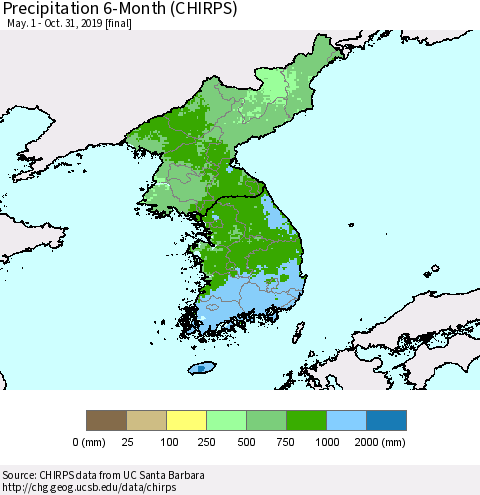 Korea Precipitation 6-Month (CHIRPS) Thematic Map For 5/1/2019 - 10/31/2019