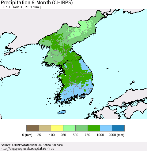 Korea Precipitation 6-Month (CHIRPS) Thematic Map For 6/1/2019 - 11/30/2019
